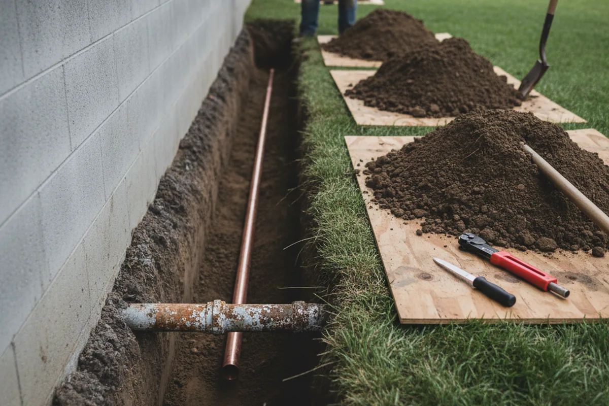 Excavated water line trench during Sewer Line Repair in Foothill Ranch